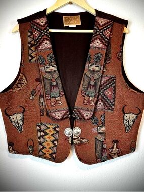 Southwestern Tapestry Vest in Brown with Native Motif